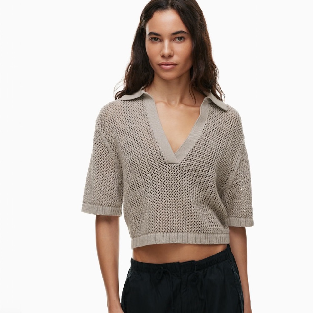 Aritzia Taupe Open-Weave Cropped Polo